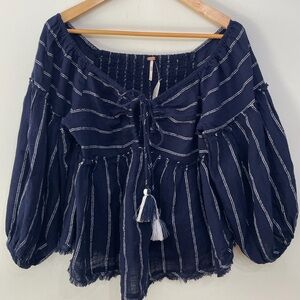 NWT Free People Evey Stripe Keyhole Tassel Tie Pesant Top Festival Boho Womens M